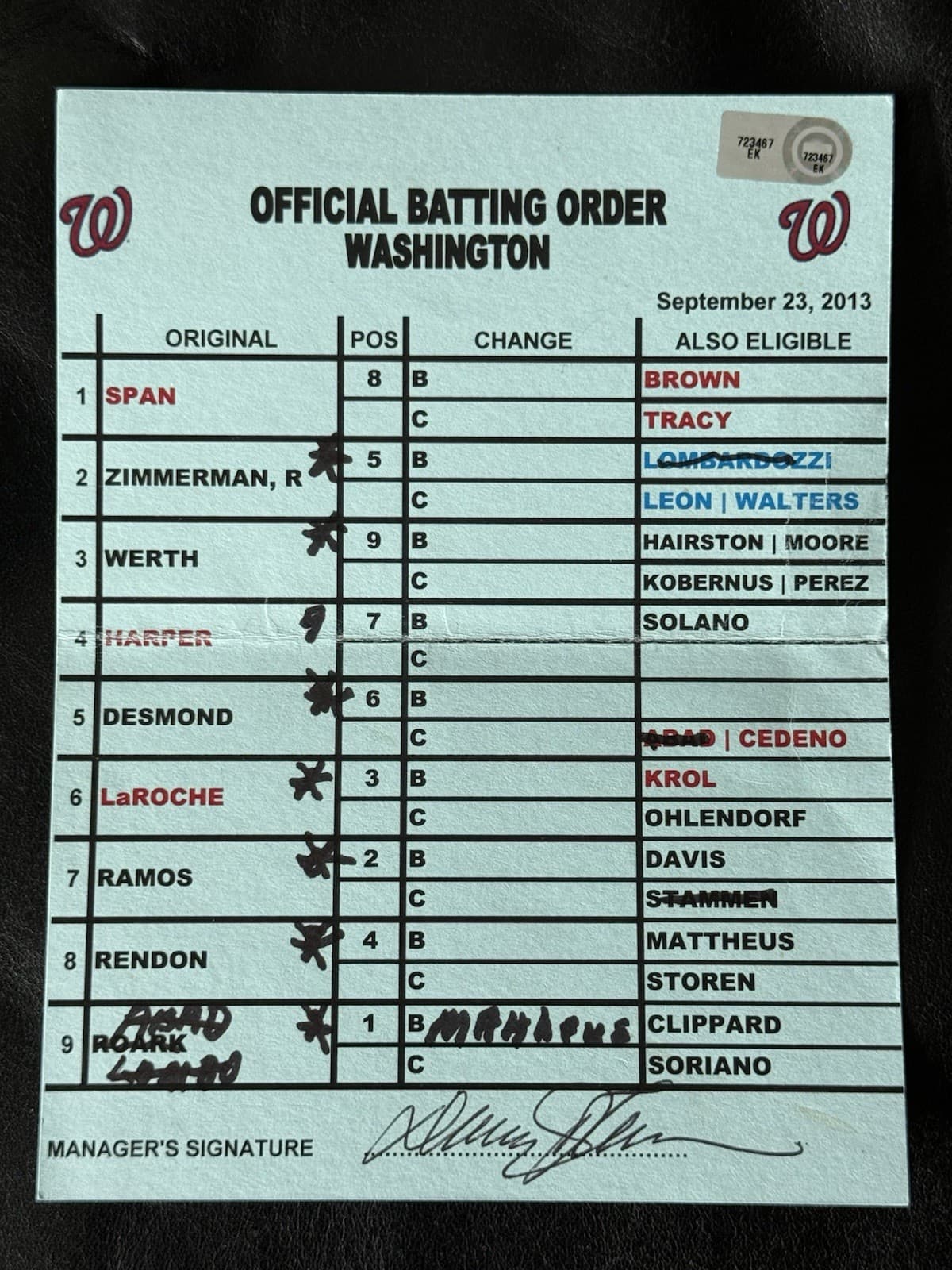 Davey Johnson Signed Game Used Lineup Card Washington Nationals MLB Auth Mets 2
