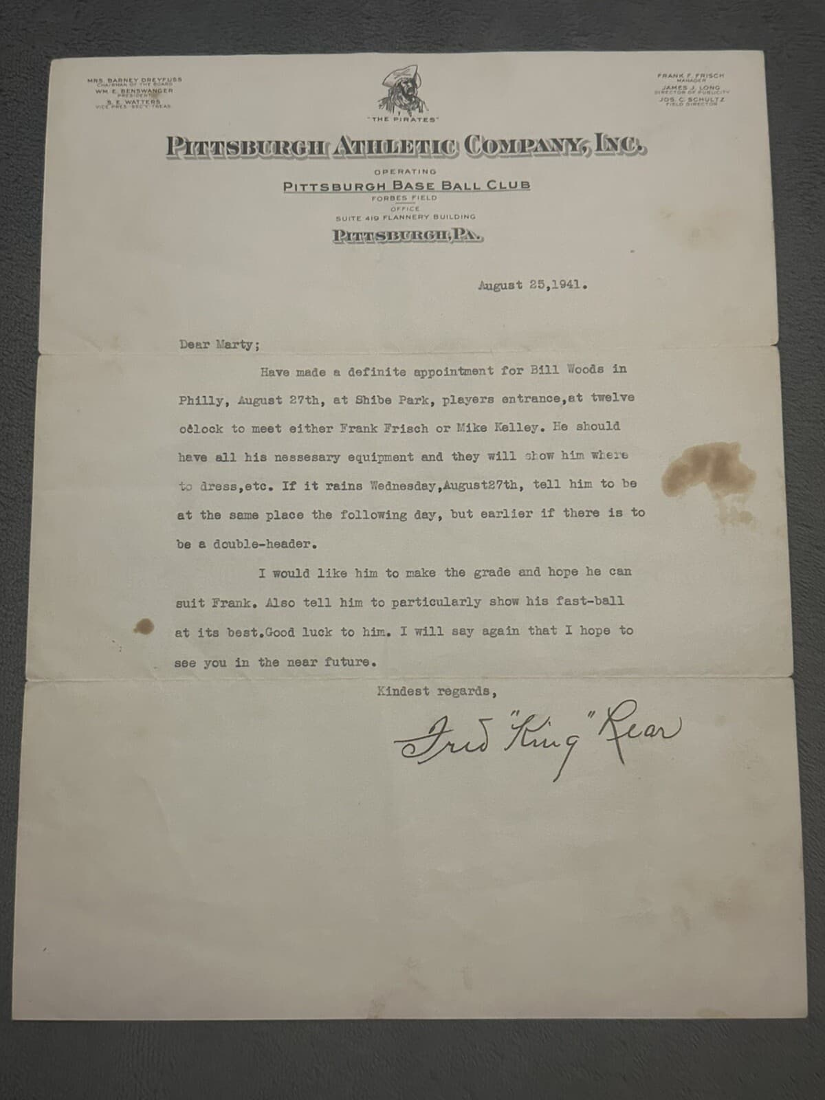 Fred King Lear Signed Letter Pittsburgh Pirates 1941 1915 Philadelphia Athletics