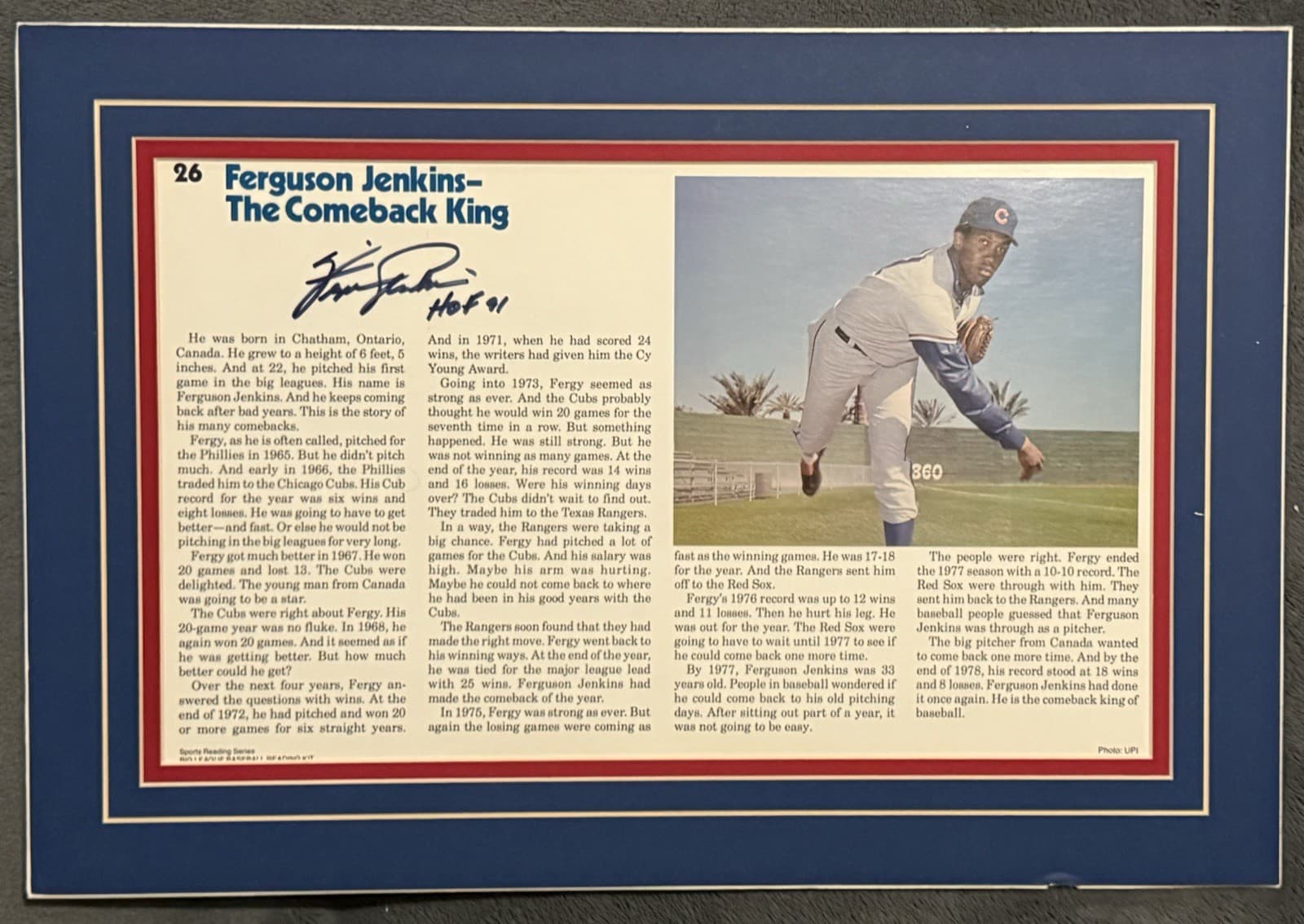 Fergie Jenkins Signed 12x18 Photo Matted Article HOF 91 Chicago Cubs JSA LOA