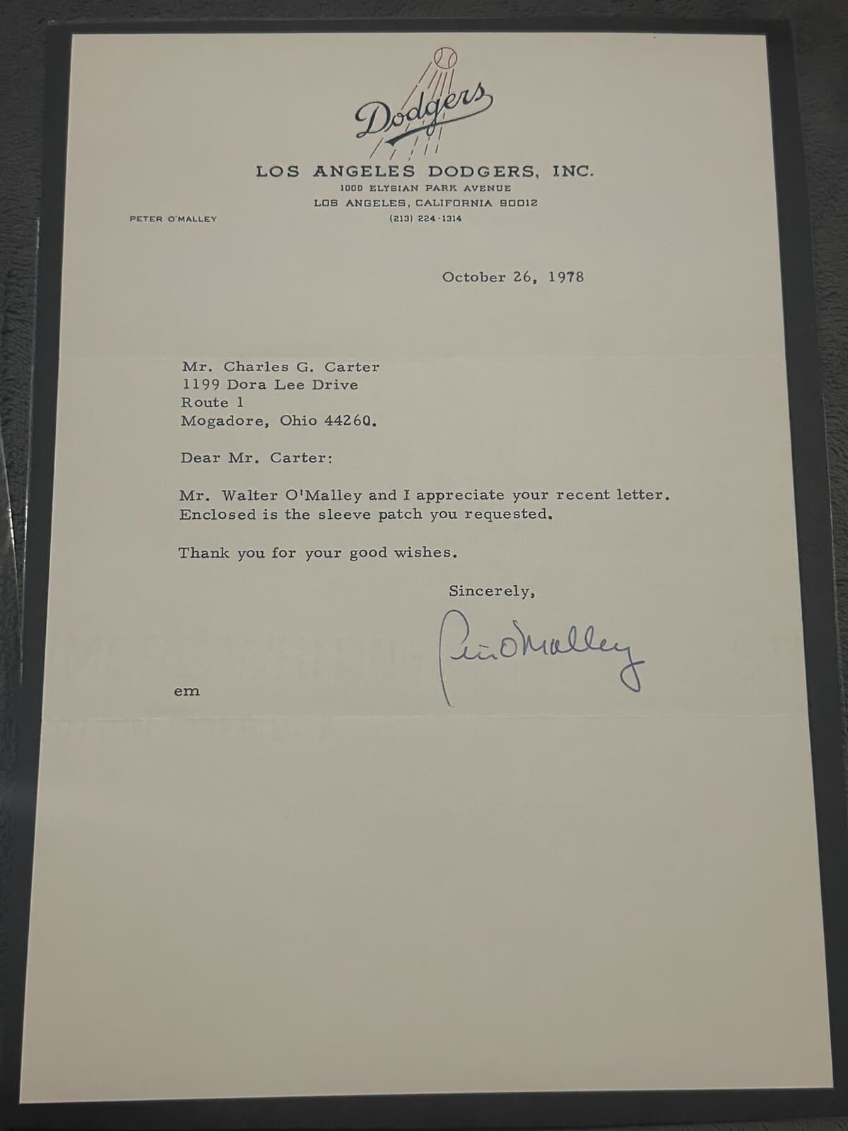 1977 Los Angeles Dodgers Peter O'Malley Signed Letter Rare