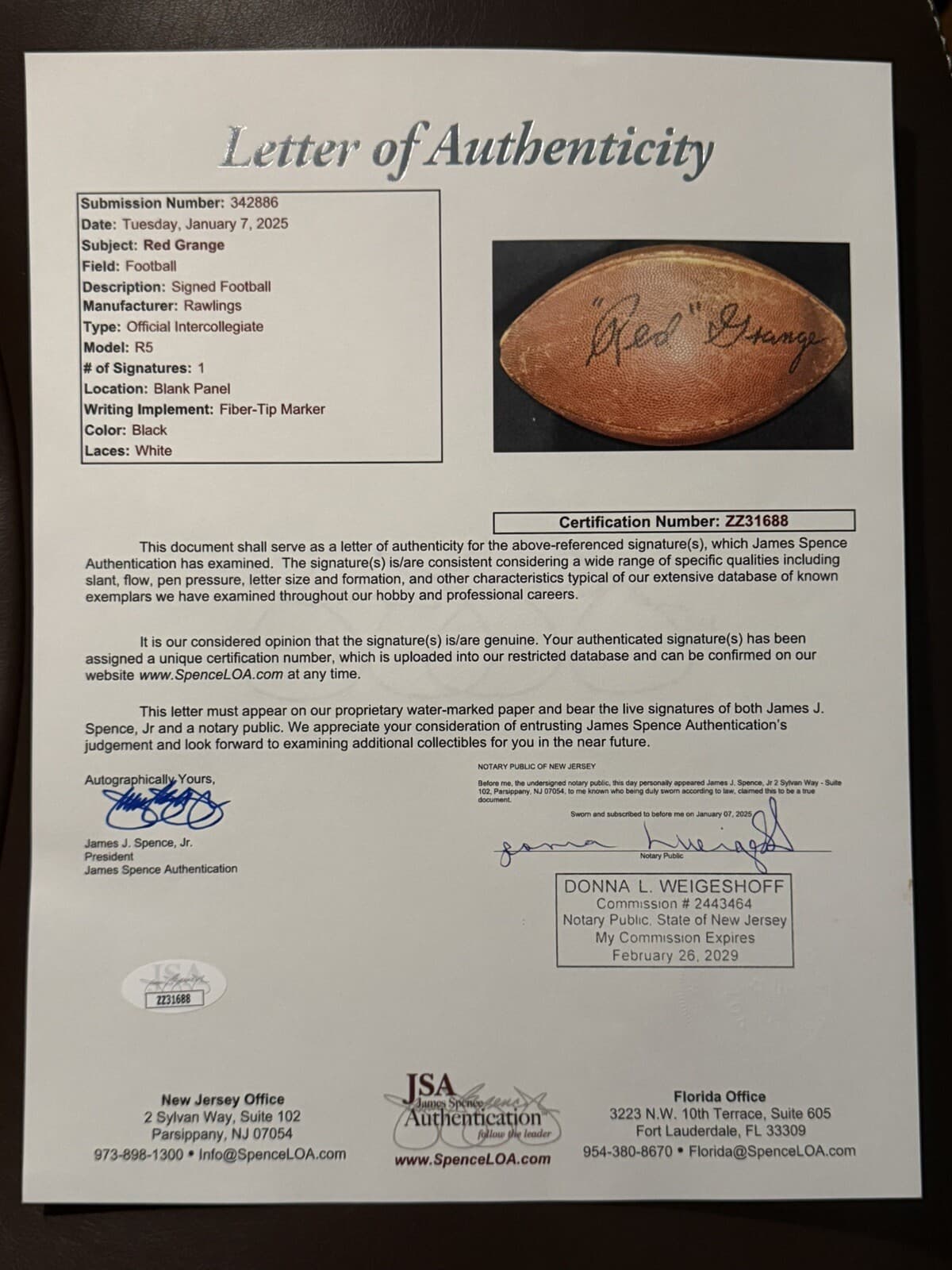 Red Grange Signed Authentic Rawlings Collegiate Football JSA LOA Chicago Bears - image 6