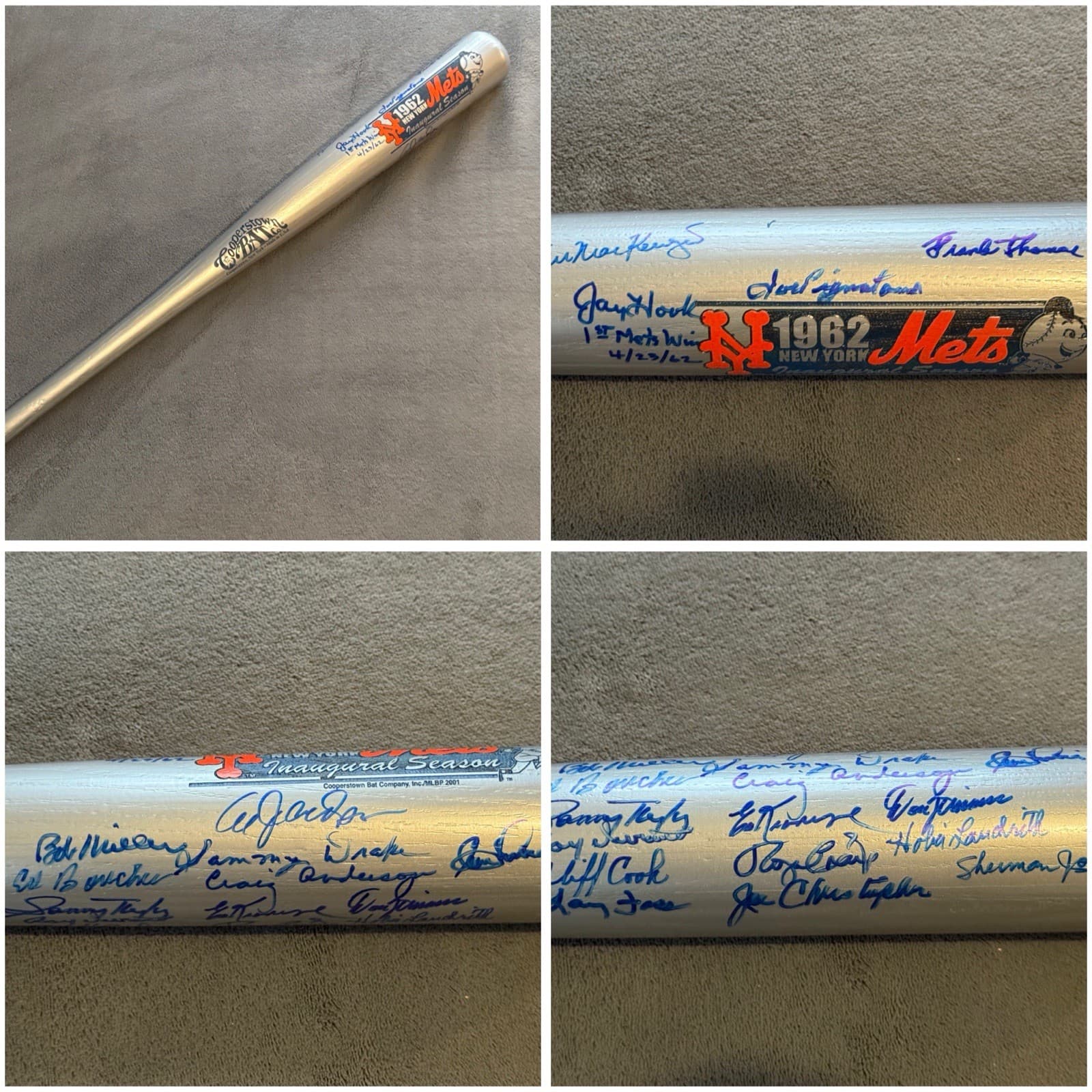 1962 Mets Inaugural Season Signed Bat Full Sized Cooperstown Bats 20 Autos