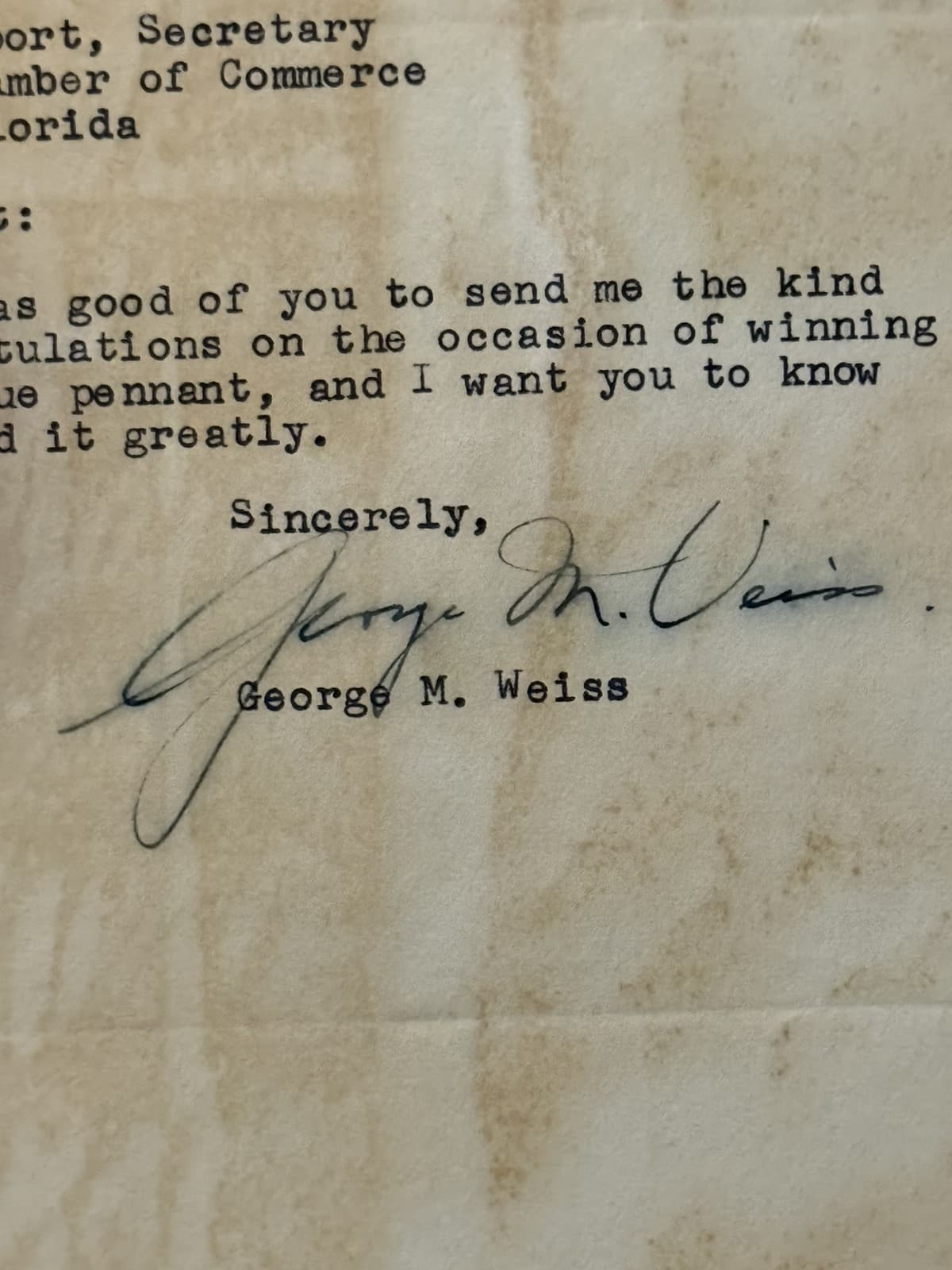 George Weiss Signed Letter 1960 New York Yankees HOF PSA/DNA LOA Damage - image 2