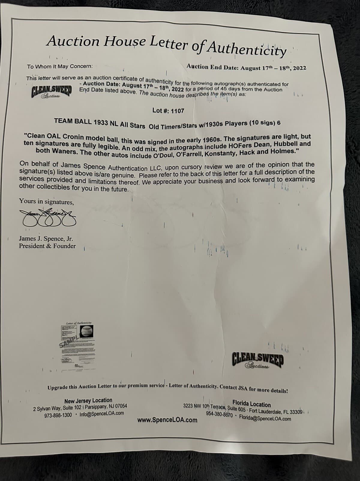 1933 NL All Star Team Reunion Signed Baseball Dizzy Dean Waner Bros Carey HOF - image 6