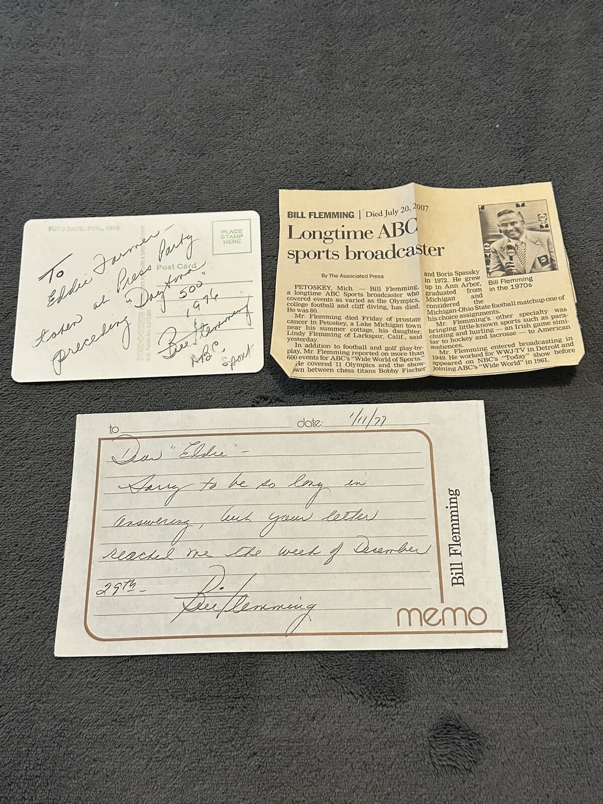 Bill Fleming Signed Letter and Photo Wide World of Sports ABC Broadcaster JSA