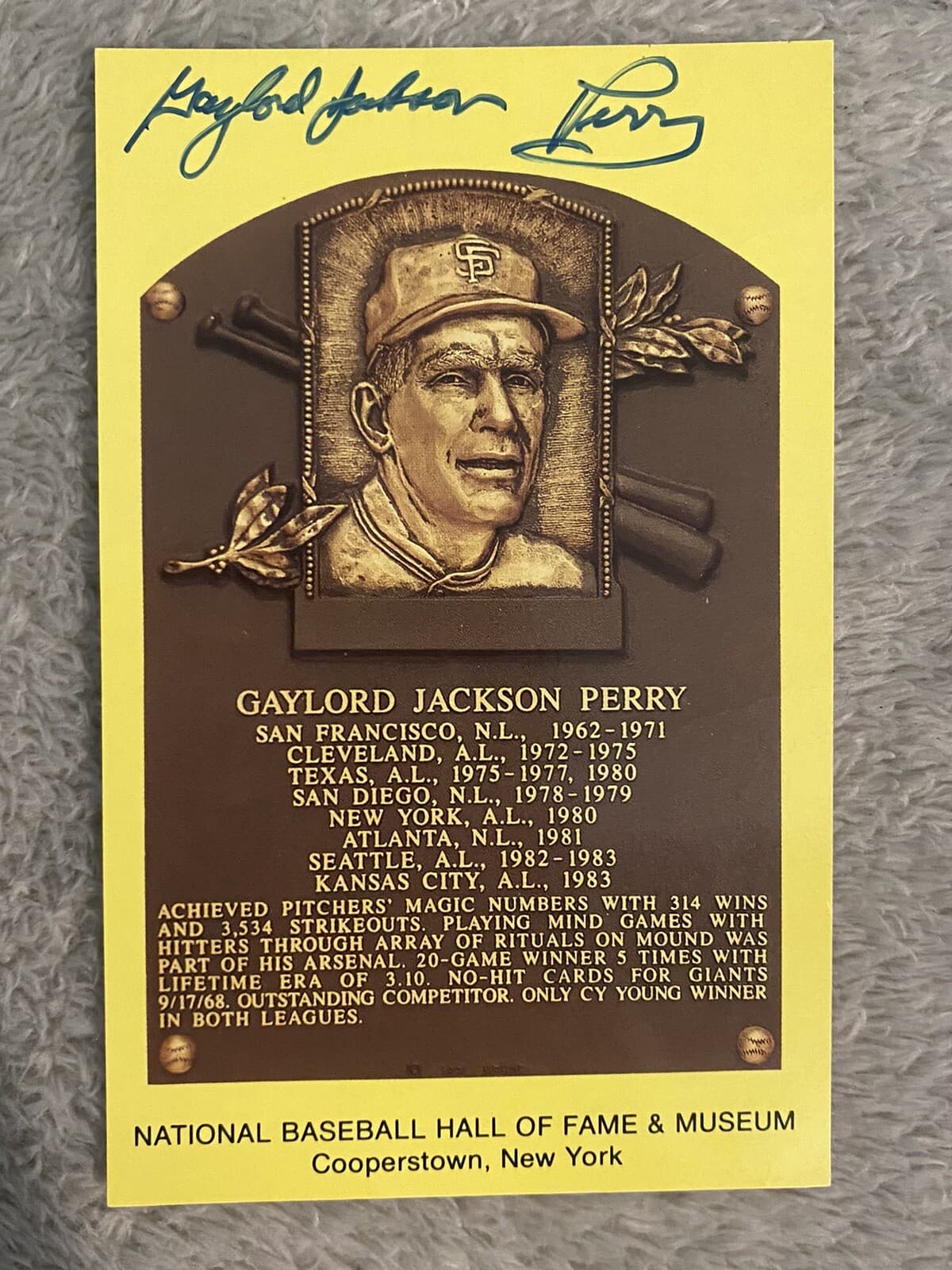 Gaylord Jackson Perry Full Name Signed HOF Postcard Plaque Hall of Fame RARE!