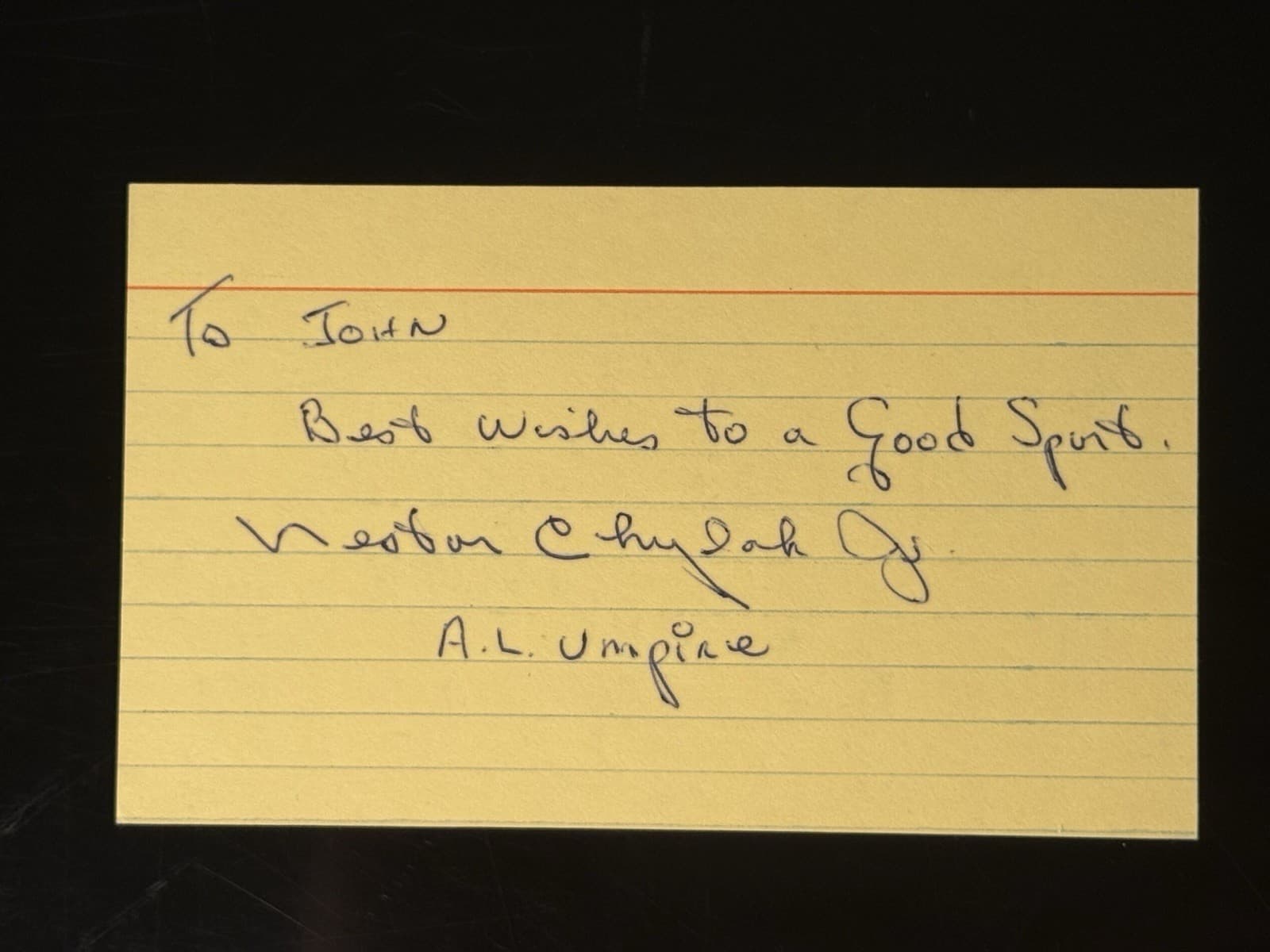 Nestor Chylak AL Umpire Signed Index Card 3x5 HOF Rare! JSA LOA Good Sport