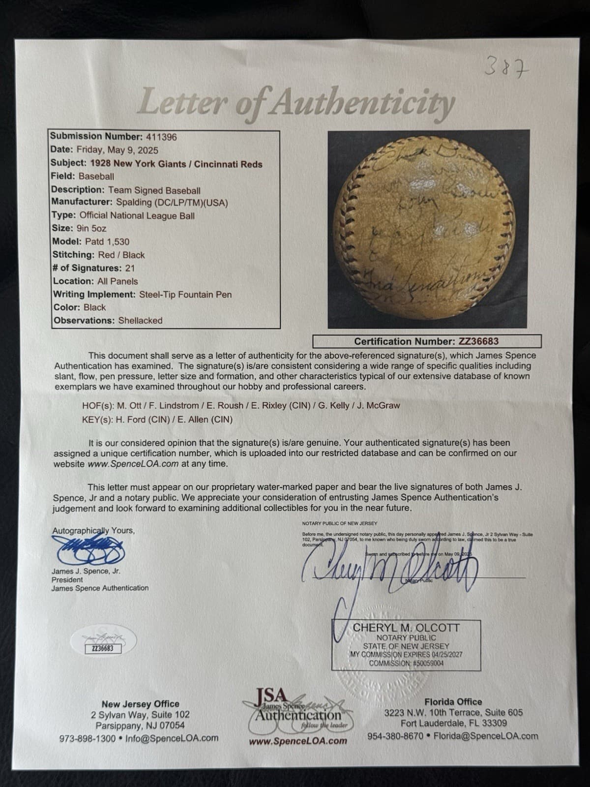 Melvin Mel Ott 1928 New York Giants Signed Baseball HOF John McGraw JSA LOA! - image 8