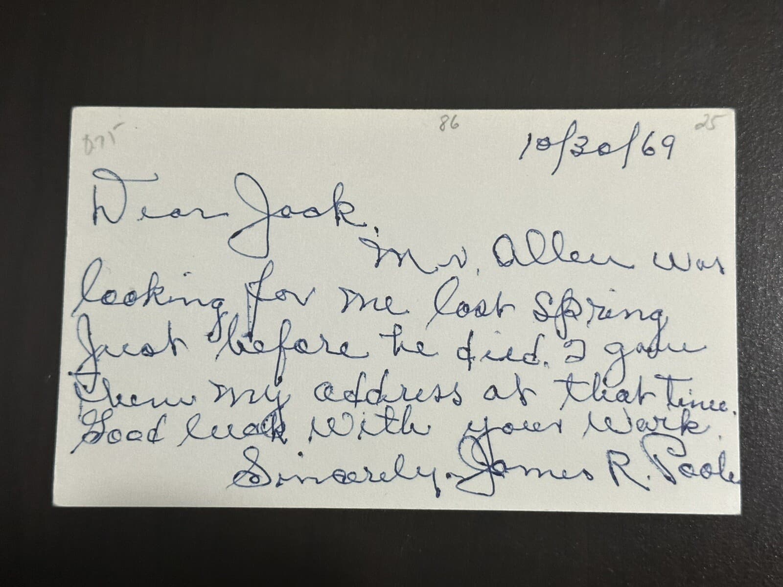 Jim James Poole Signed Index Card 3x5 Letter 1925 Philadelphia Athletics A's