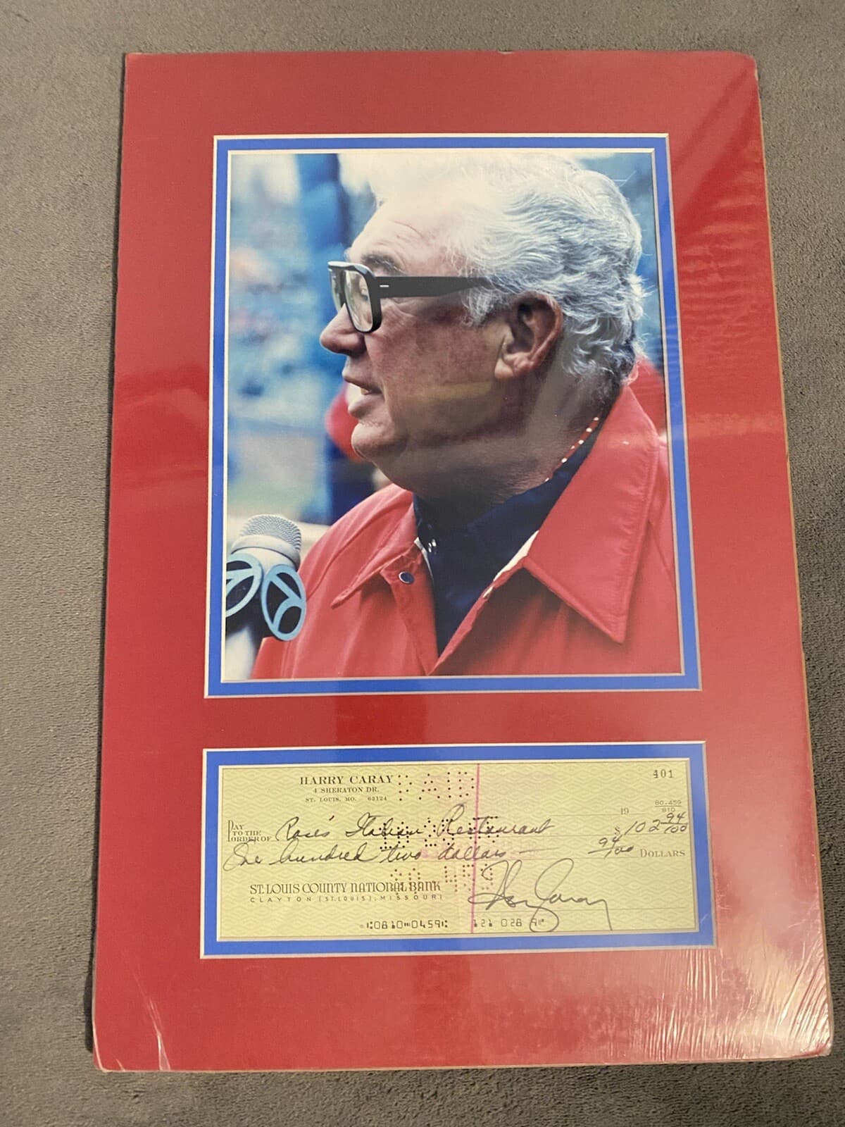 Harry Caray Signed Matted Check 12x18 With Photo Chicago Cubs