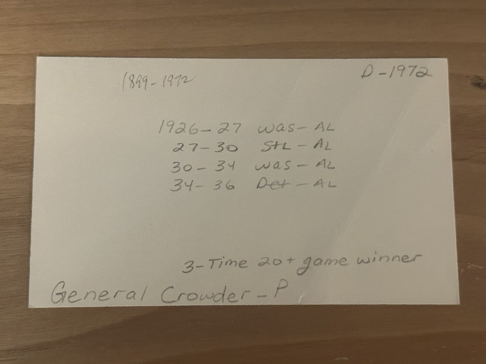 Alvin General Crowder Signed Index Card 3x5 20 Game Winner RARE Senators Tigers - image 2