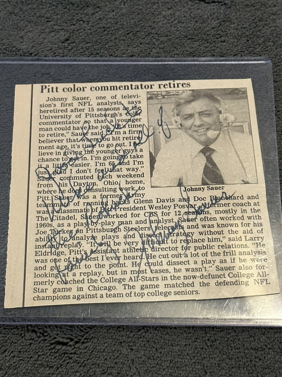 Johnny Sauer Signed 4x4 Newspaper Photo University of Pittsburgh Broadcaster JSA