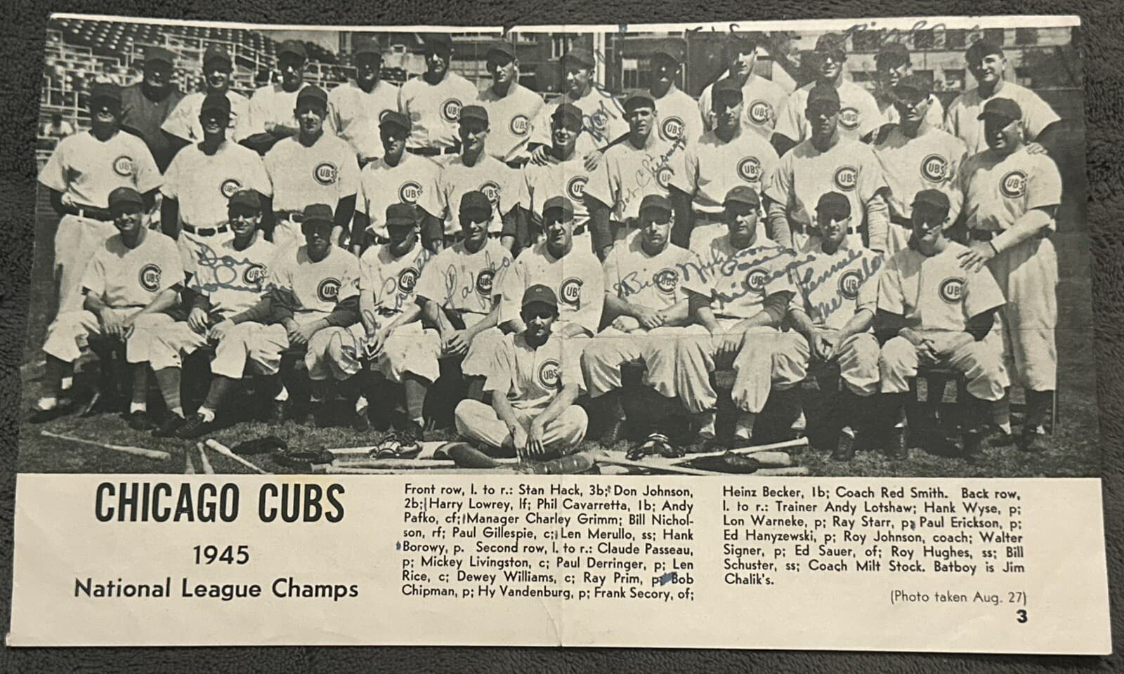 1945 Cubs Multi Signed 6x10 Photo JSA LOA Chipman Johnson Gillespie Merullo 