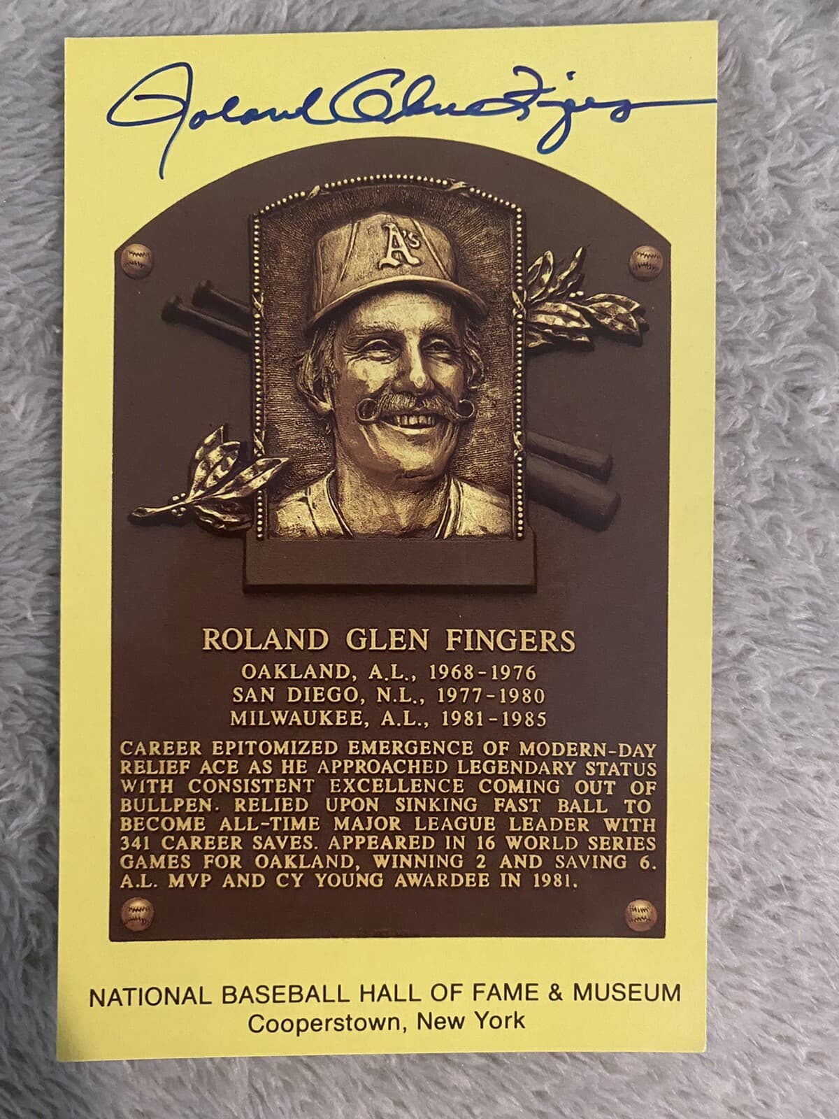 Roland Glen Fingers Rollie Full Name Signed HOF Postcard Plaque Hall of Fame 