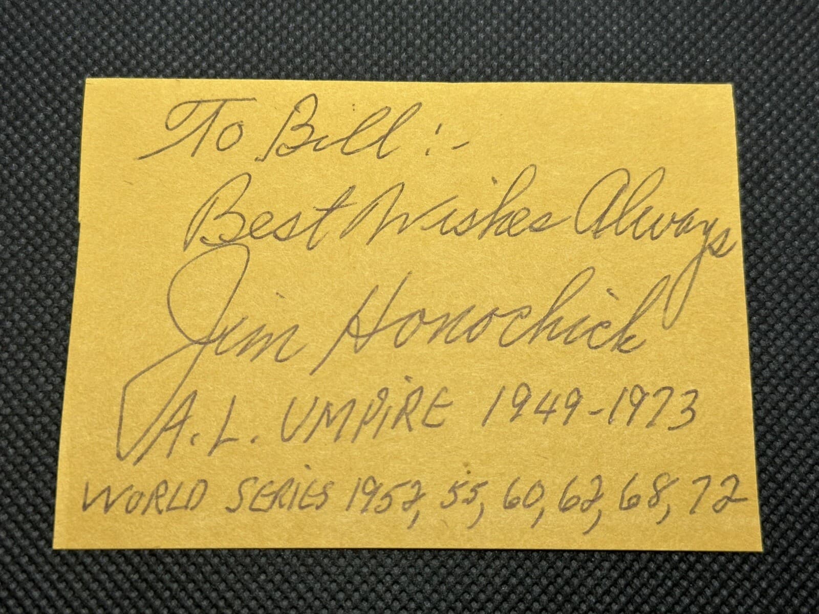 Jim Honochick Signed Index Card 2x3 Umpire AL