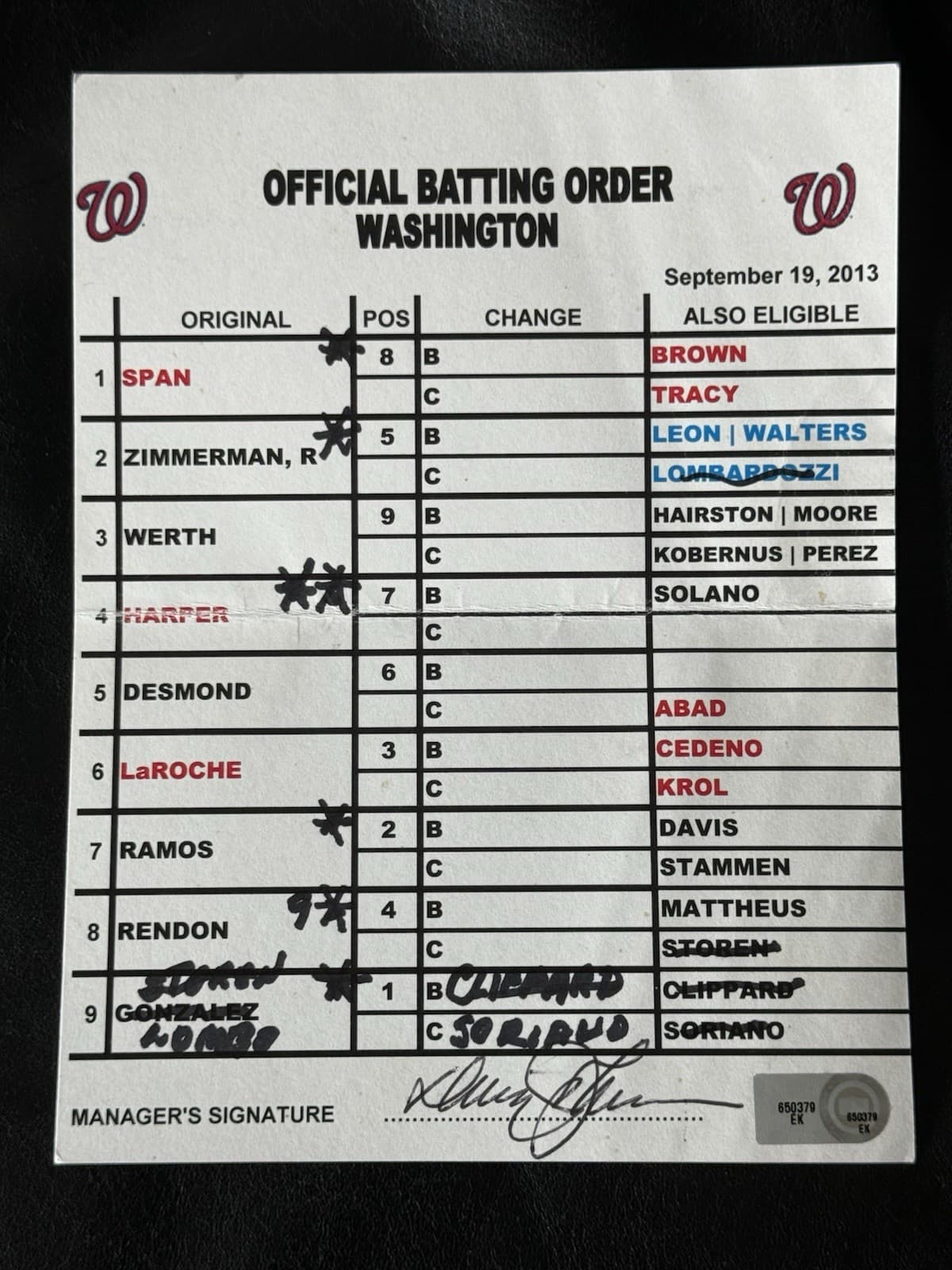 Davey Johnson Signed Game Used Lineup Card Washington Nationals MLB Auth Mets 4