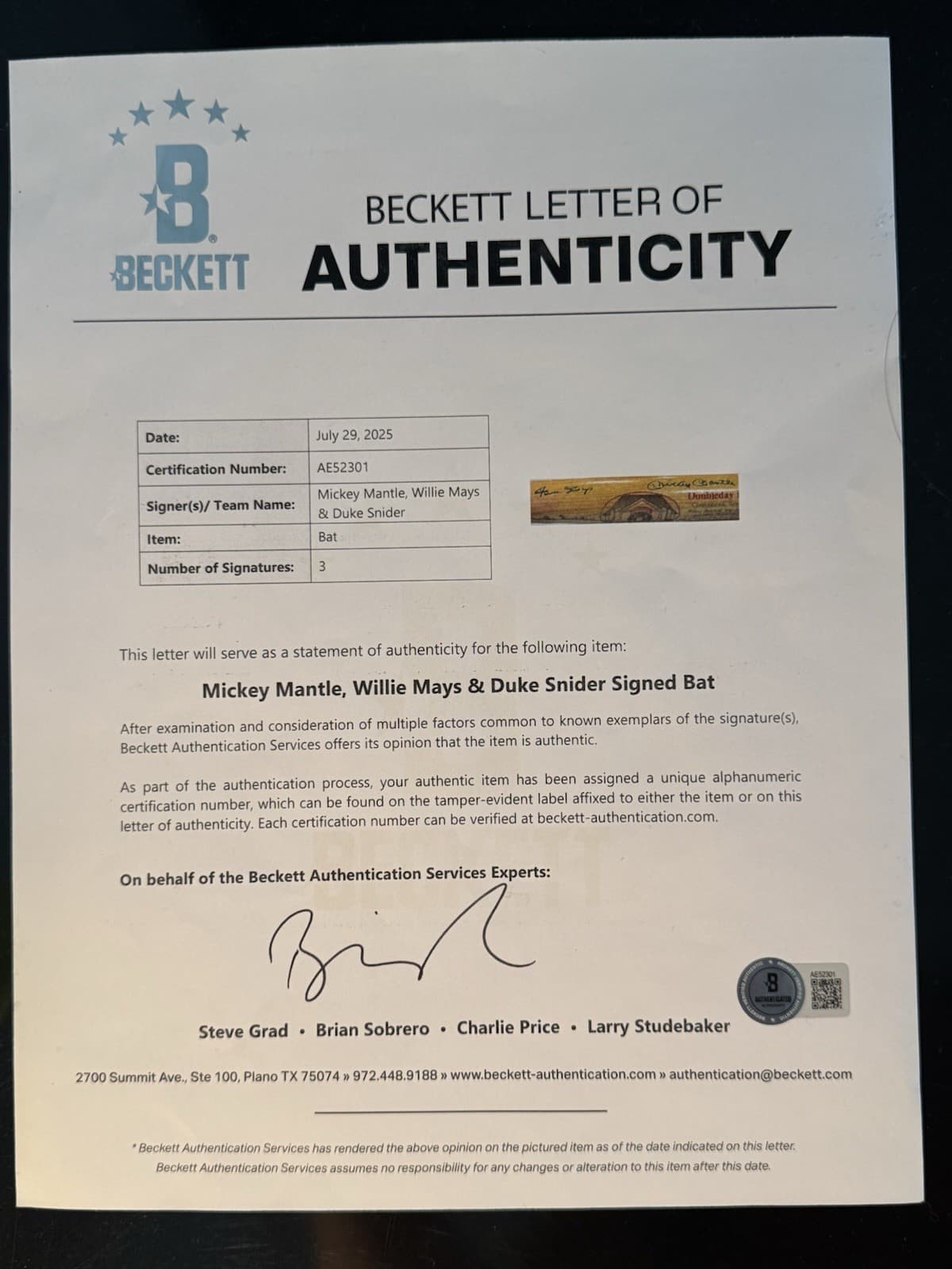 Mickey Mantle Willie Mays Duke Snider Signed Bat Full Sized HOF Beckett LOA - image 7