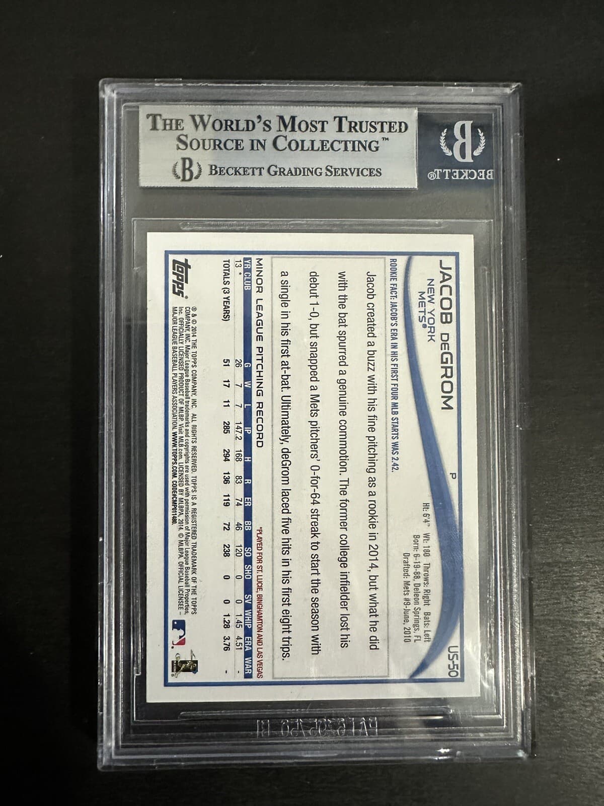 2014 Topps Update Jacob DeGrom Rookie RC Base BGS 9 US50 Mets Card Rangers - image 2