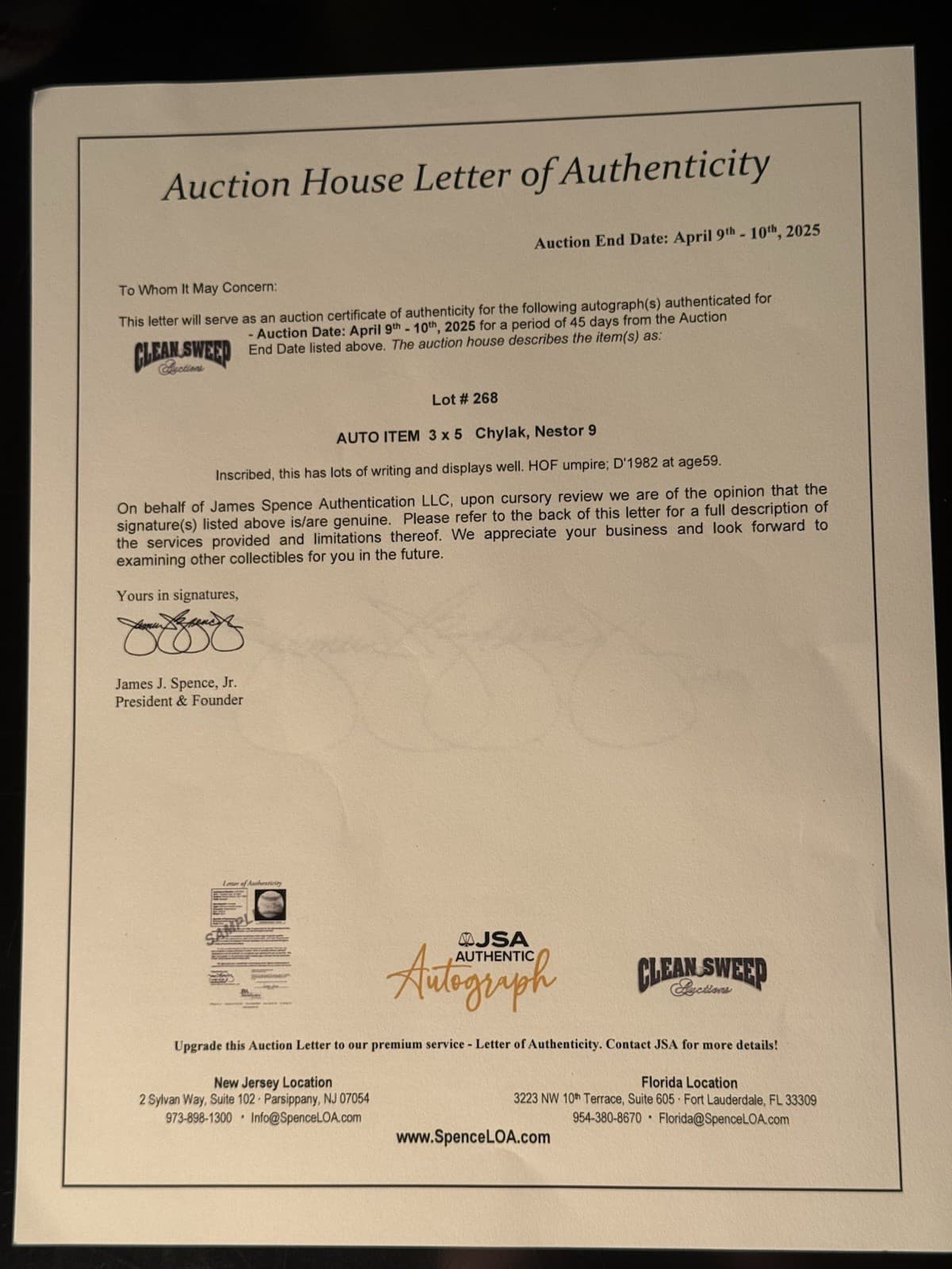 Nestor Chylak AL Umpire Signed Index Card 3x5 HOF Rare! JSA LOA Good Sport - image 3