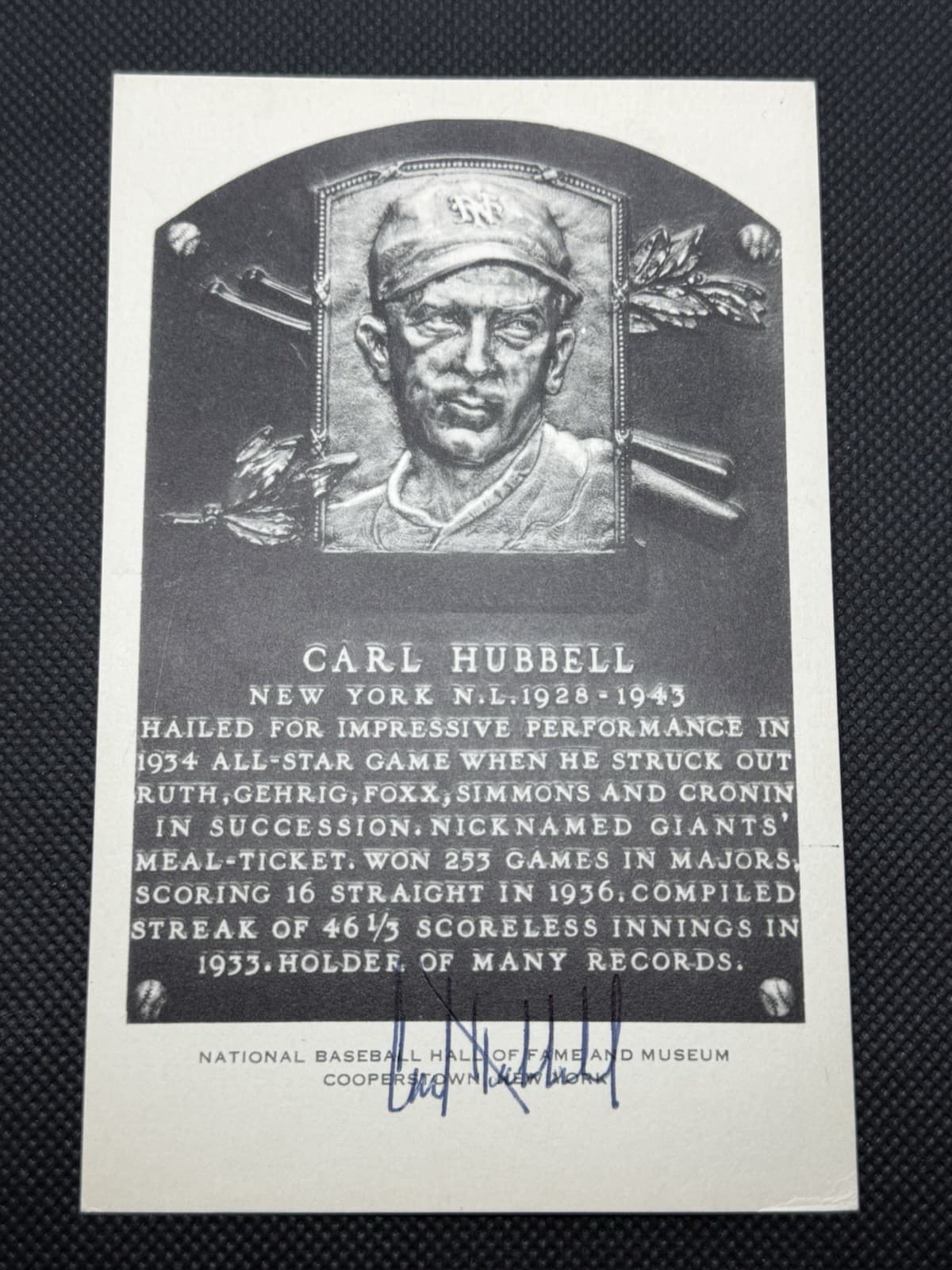 Carl Hubbell Signed Artvue Hall of Fame Postcard Plaque New York Giants HOF