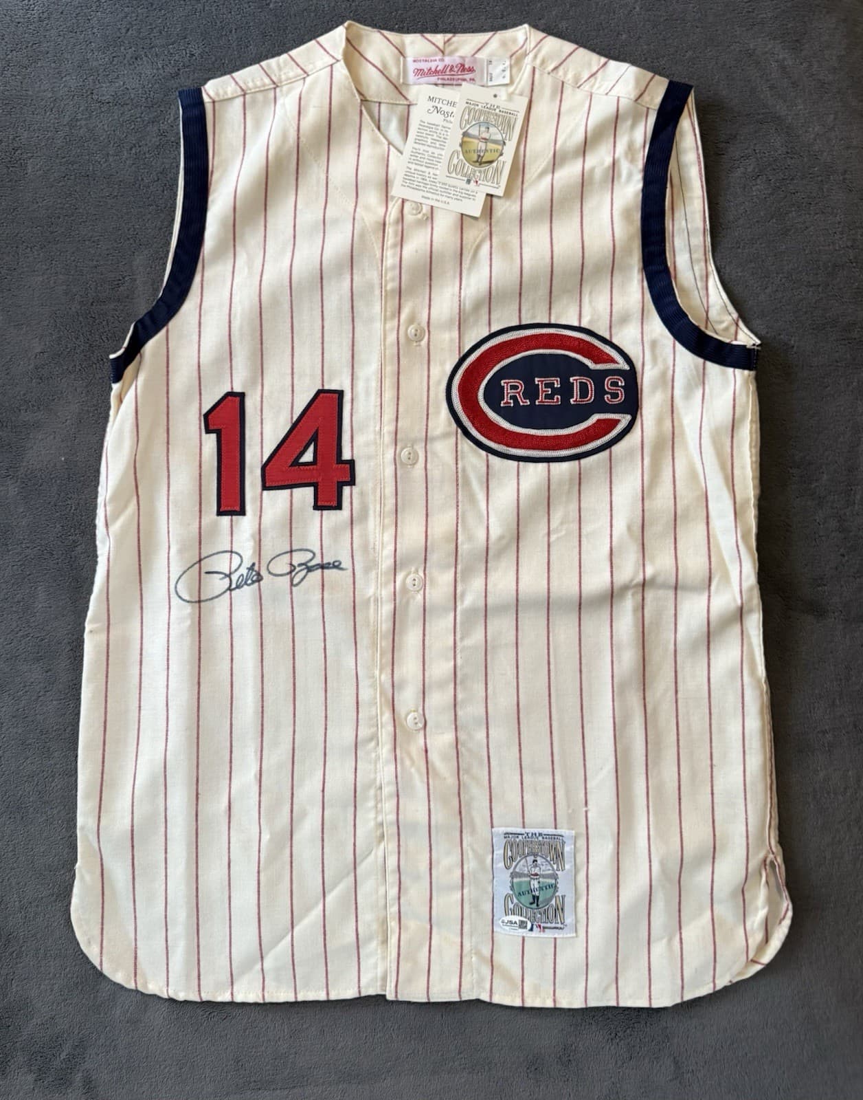 Pete Rose Signed Authentic Cincinnati Reds Mitchell Ness Jersey JSA COA HOF