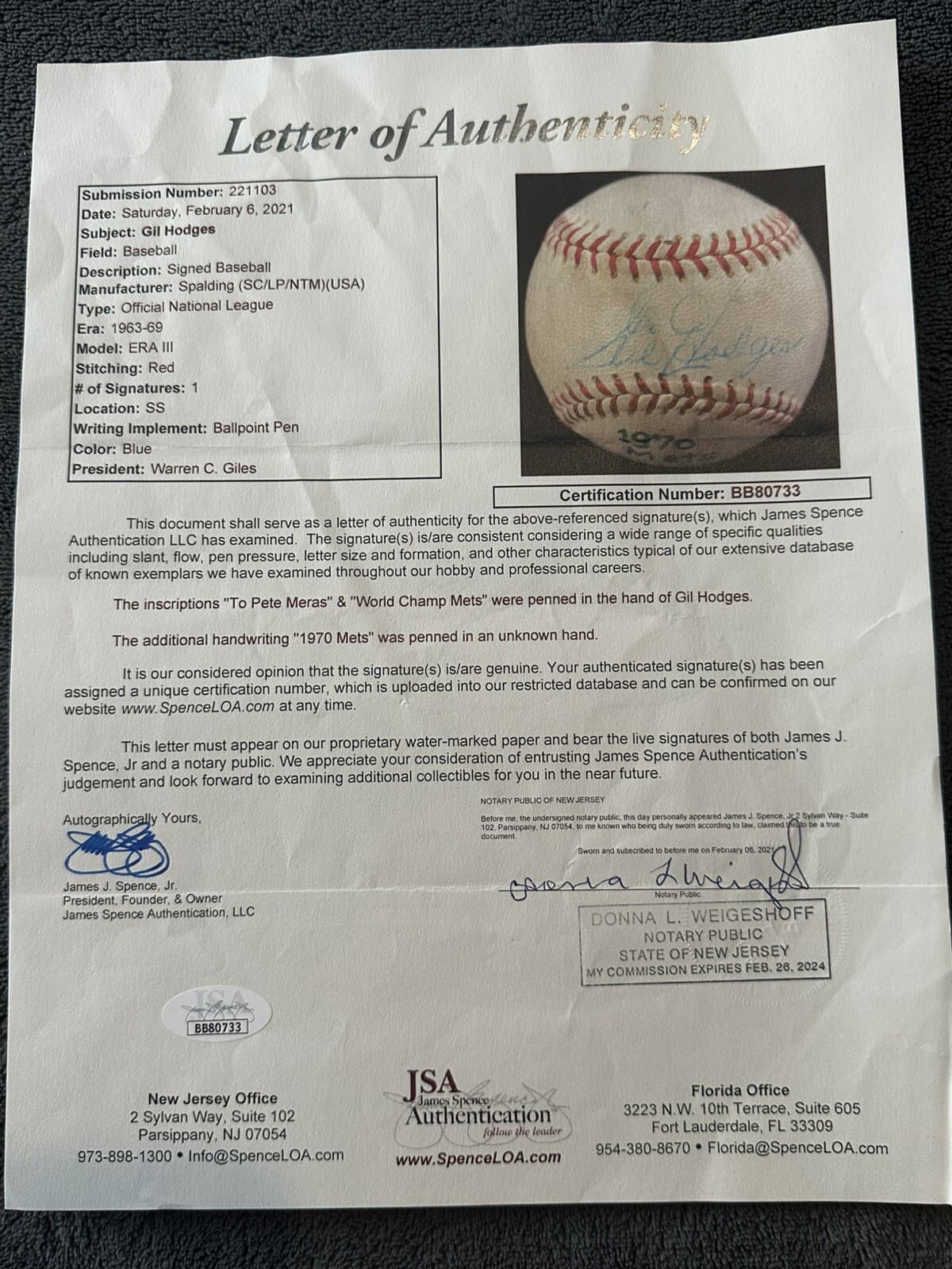 The ONLY Gil Hodges 1969 World Champ Mets Signed Baseball JSA LOA New York HOF - image 4