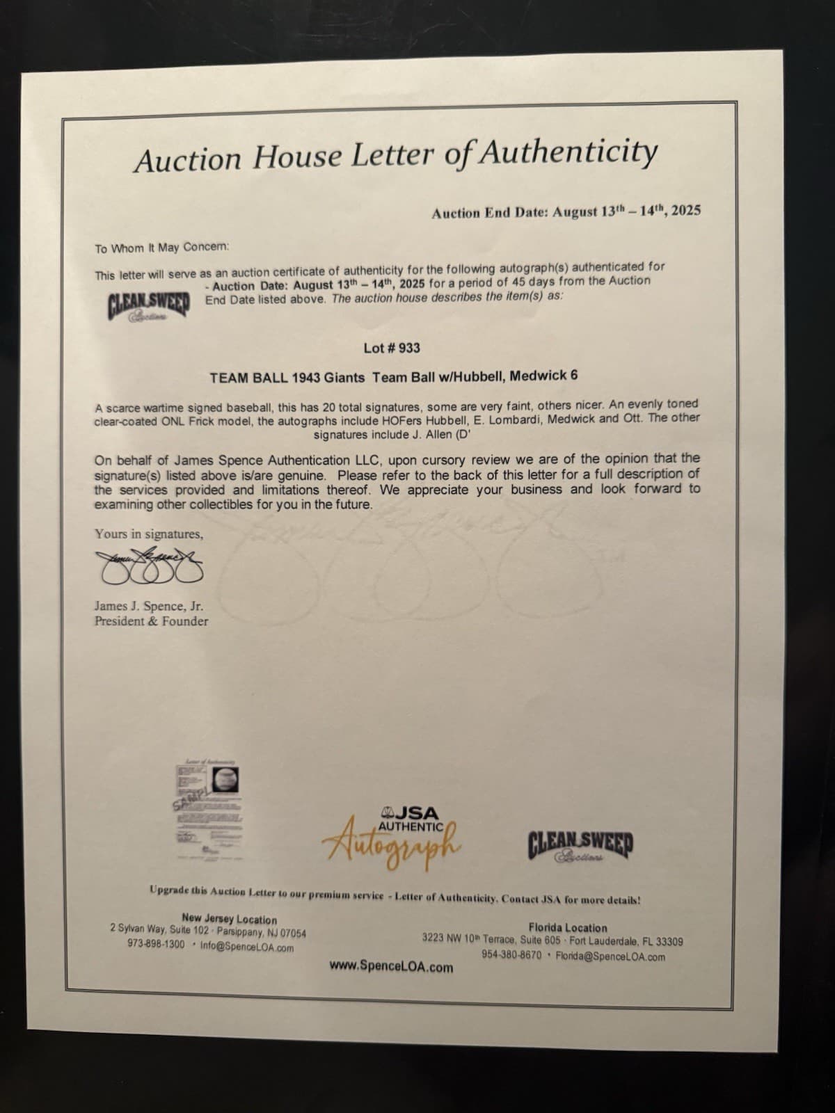 Mel Ott Joe Medwick 1943 New York Giants Team Signed Baseball JSA LOA HOF - image 8