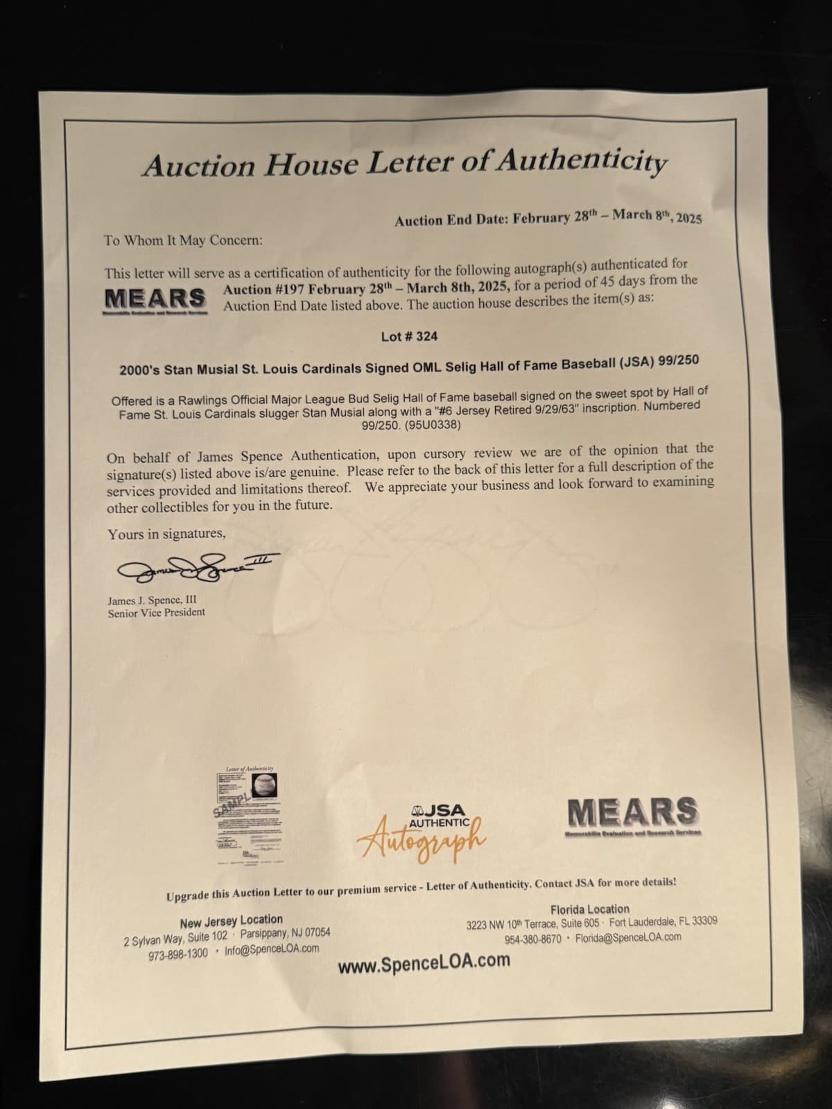 Stan Musial #6 Jersey Retired 9/29/63 Signed HOF Logo Baseball JSA LOA  - image 3