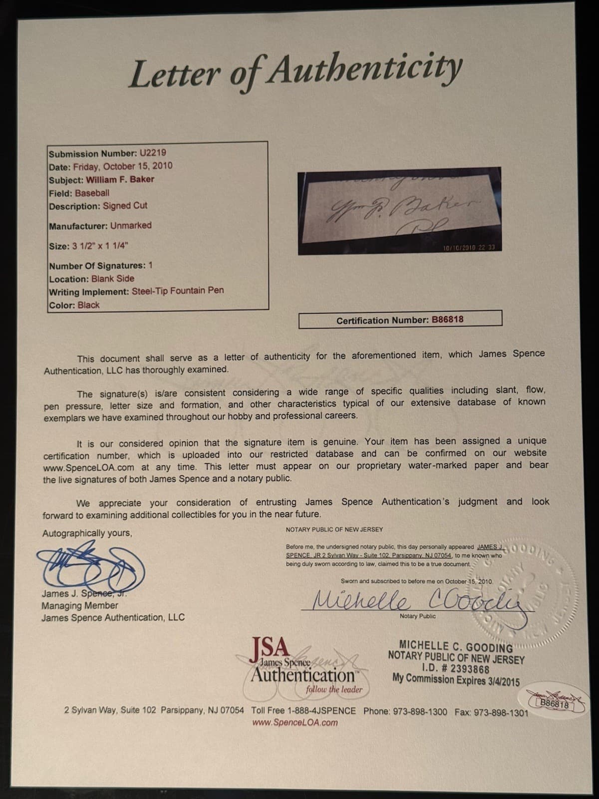 William F Baker Signed Cut Auto Philadelphia Phillies Baker Bowl JSA LOA - image 4