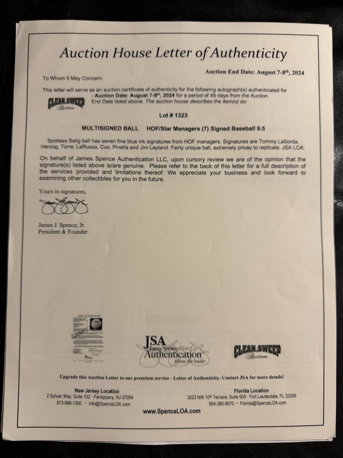 7 Hall of Fame Managers Lasorda Torre Cox LaRussa Herzog Signed Baseball JSA LOA - image 7