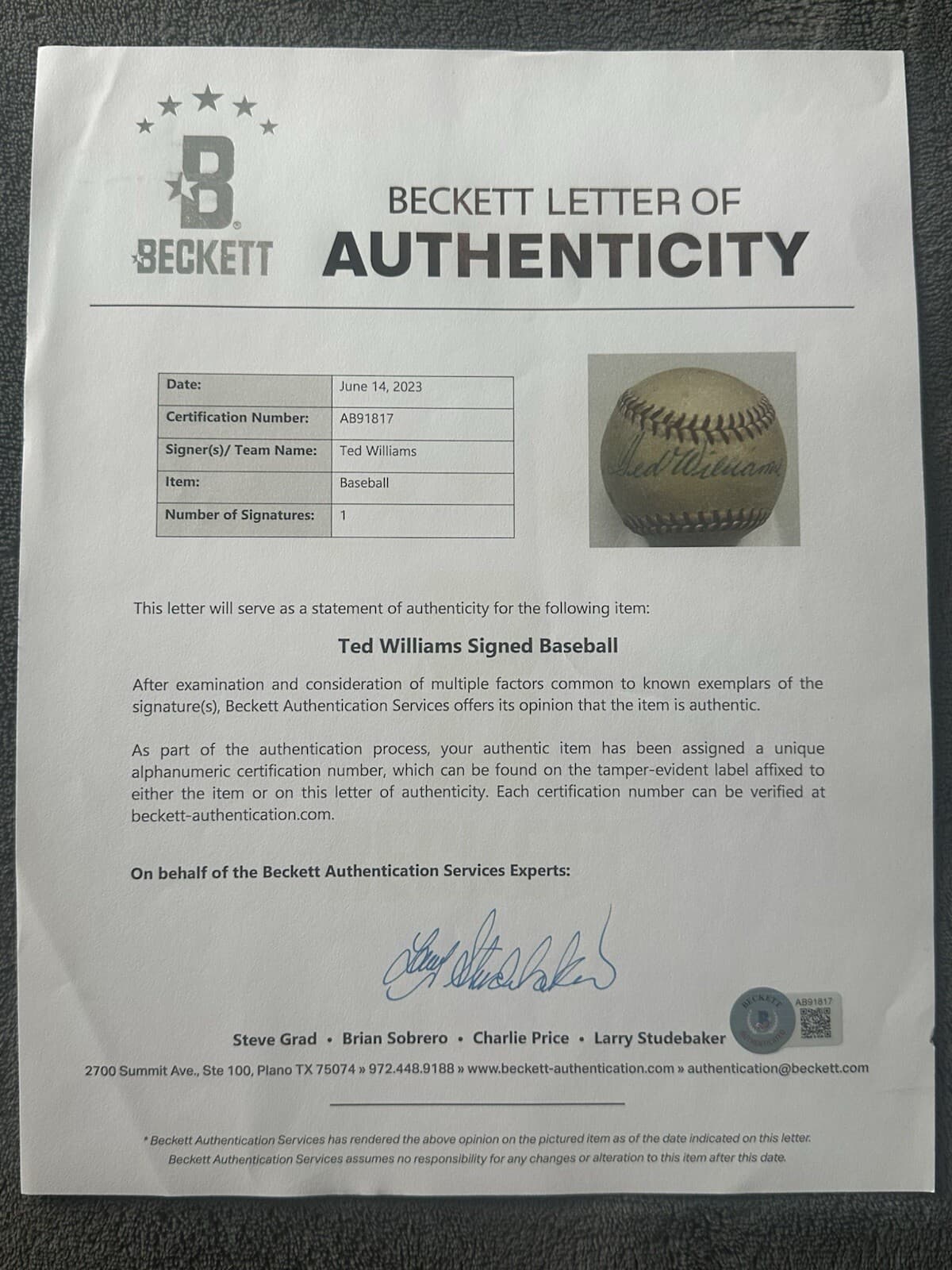 1940s Ted Williams Single Signed OAL Harridge Baseball Beckett LOA Red Sox - image 5