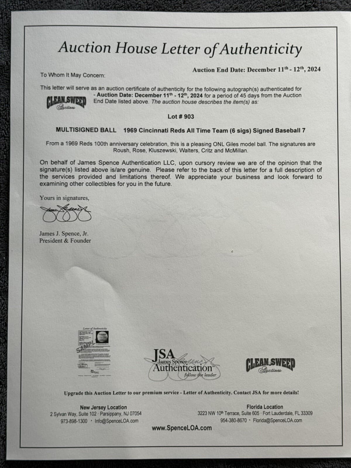 Edd Roush Pete Rose Ted Klu Cincinnati Reds 100th Multi Signed Baseball JSA LOA - image 8